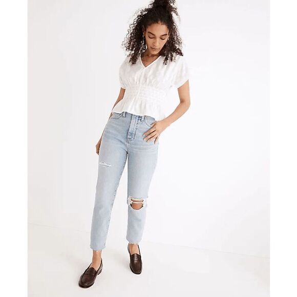 Madewell Ellendale Blue Denim Distressed The Mom Jean Women's Size 24P Petite - Picture 1 of 8